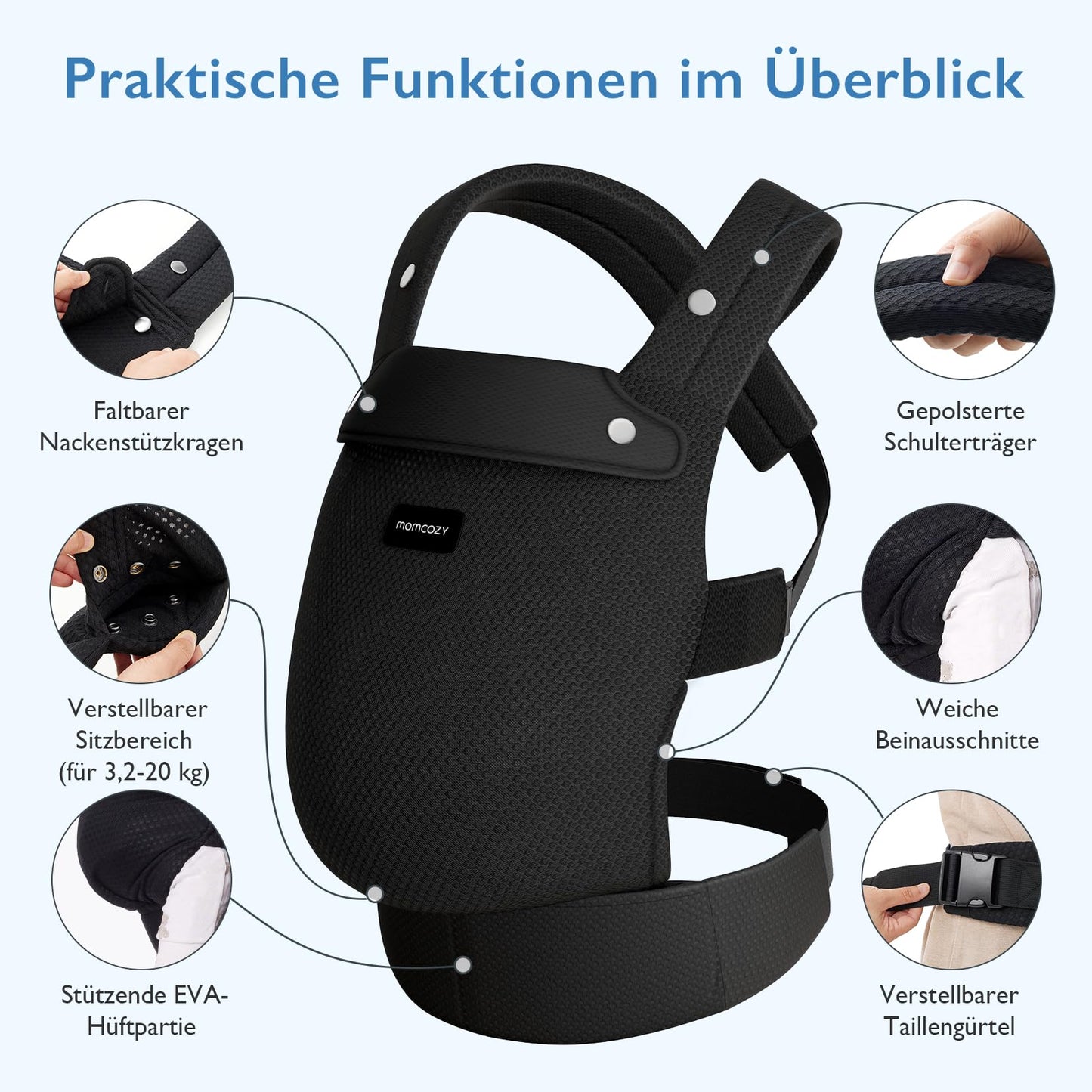 Momcozy Babytrage aus 100% Baumwolle – Baby Carrier für Kleinkind (3-24 Monate, 3,2-20 kg) · Ergonomische M-Position · X-Rücken · Taillengurt 64-127cm, Khaki
