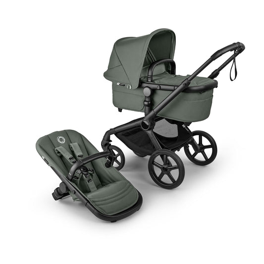 Bugaboo Fox 5 Renew, 2-in-1 Kinderwagen für jedes Gelände, mit Liegewanne | ausziehbarer Kleinkindsitz, praktische Ein-Hand Faltung, Fahrgestell in Schwarz und Sonnendach in Forest Green ab Lager