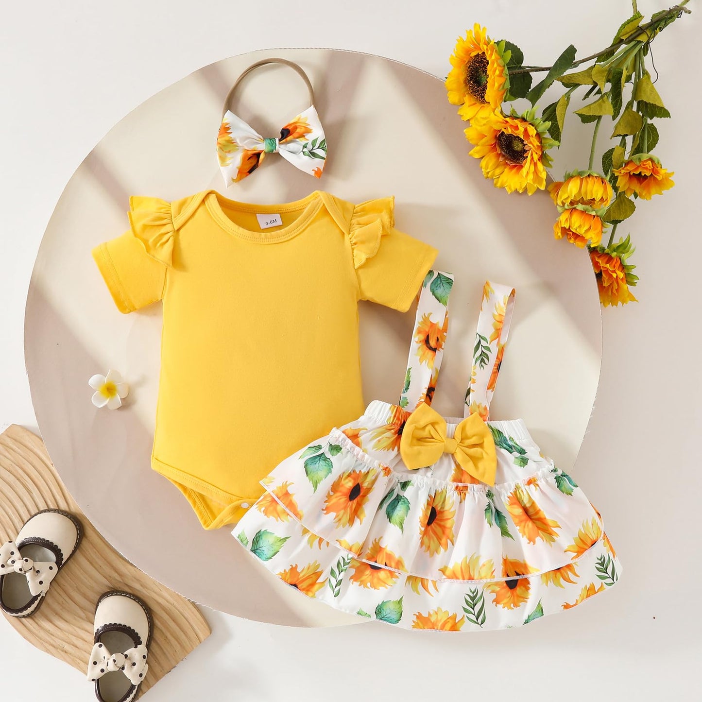 Neugeborenes Baby Mädchen Röcke Sets Kurzarm Rüschen Top + Bedrucktes Overalls Hosenträger Kleid + Stirnband Sommer Kleidung Outfits Set