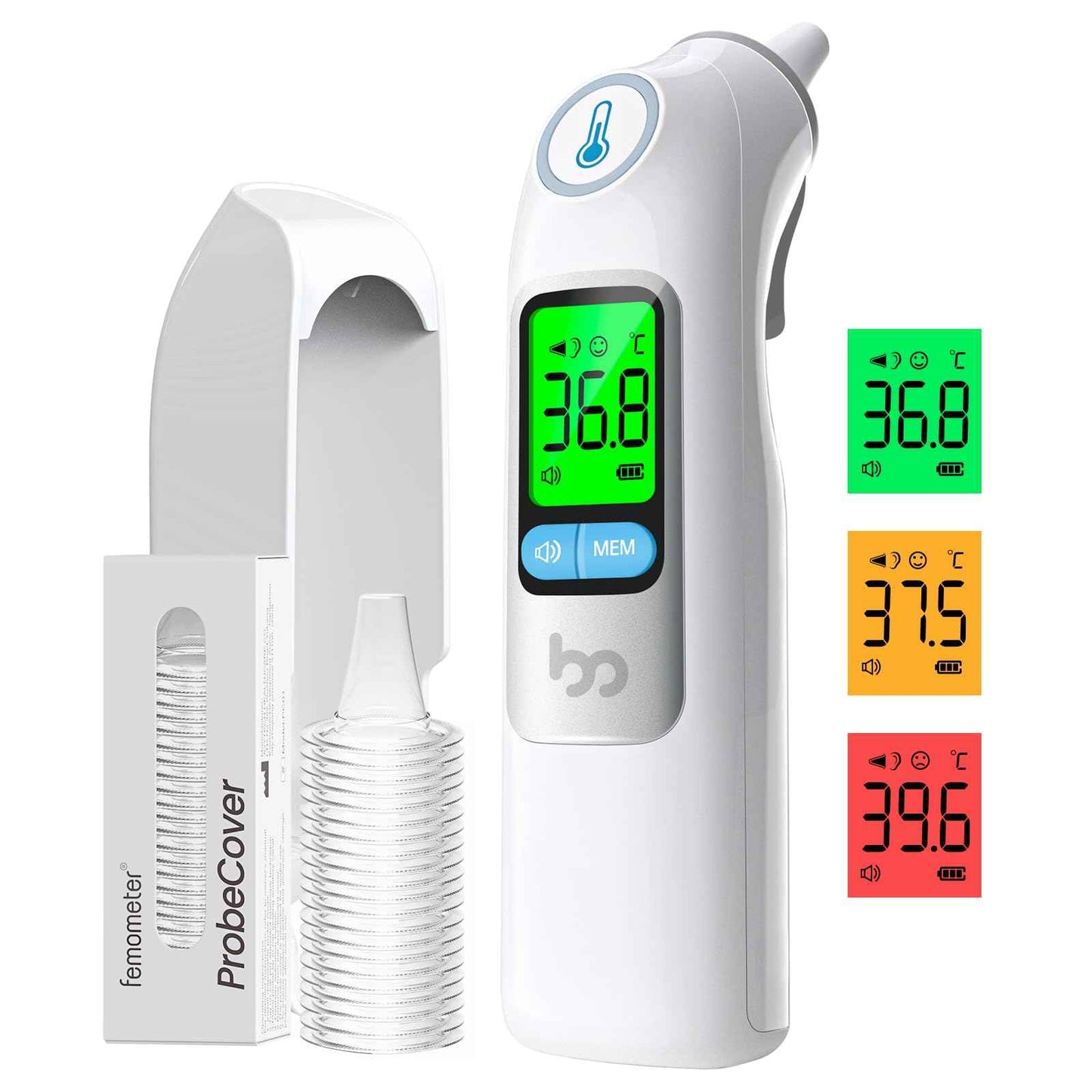 Fieberthermometer Ohr für Erwachsene & Kinder, 1s Ergebnis Hochpräzise Ohrthermometer, 30 Speicher Abrufen, 3-Farben-Fieber-Alarm, mit 21 Einweg-Sonde Abdeckungen & Aufbewahrungsbox (LCD-Transparente)