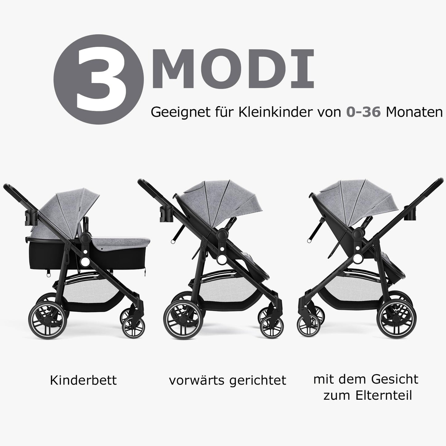 DREAMADE Kinderwagen klappbar, 3 in 1 Buggy mit umkehrbarem Sitz, Verdeck, Aufbewahrungskorb, Becherhalter & 5-Punkt-Sicherheitsgurt, Reisebuggy für Baby 0-6 Monate (Schwarz)