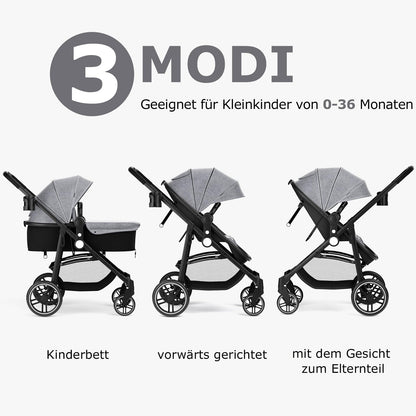 DREAMADE Kinderwagen klappbar, 3 in 1 Buggy mit umkehrbarem Sitz, Verdeck, Aufbewahrungskorb, Becherhalter & 5-Punkt-Sicherheitsgurt, Reisebuggy für Baby 0-6 Monate (Schwarz)
