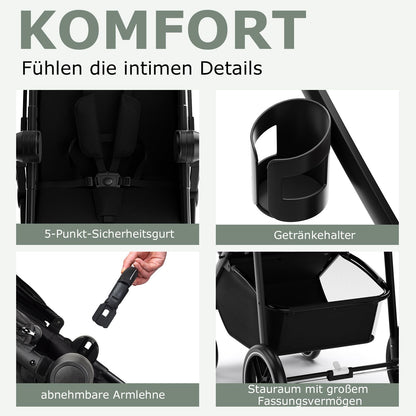 DREAMADE Kinderwagen klappbar, 3 in 1 Buggy mit umkehrbarem Sitz, Verdeck, Aufbewahrungskorb, Becherhalter & 5-Punkt-Sicherheitsgurt, Reisebuggy für Baby 0-6 Monate (Schwarz)