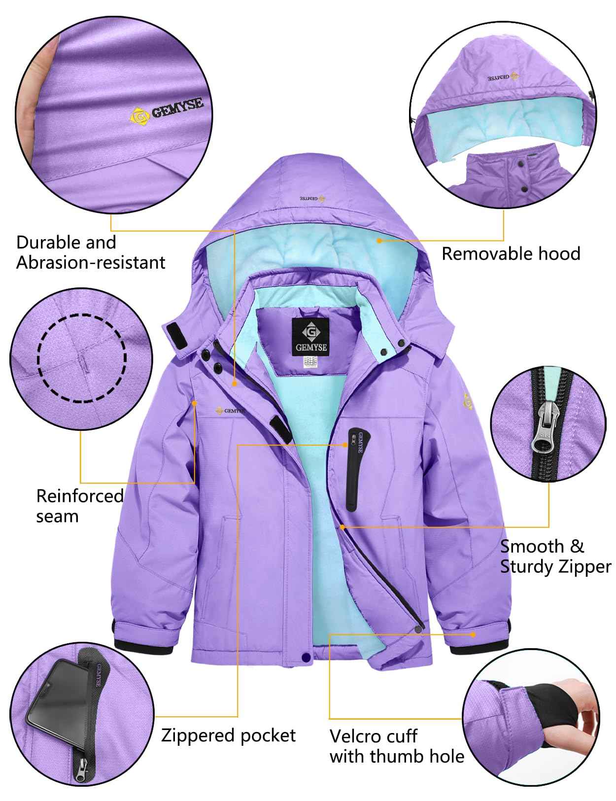 GEMYSE Girls' Waterproof Ski Jacket Windproof Fleece Outdoor Winter Jacket Rain Jacket with Hood