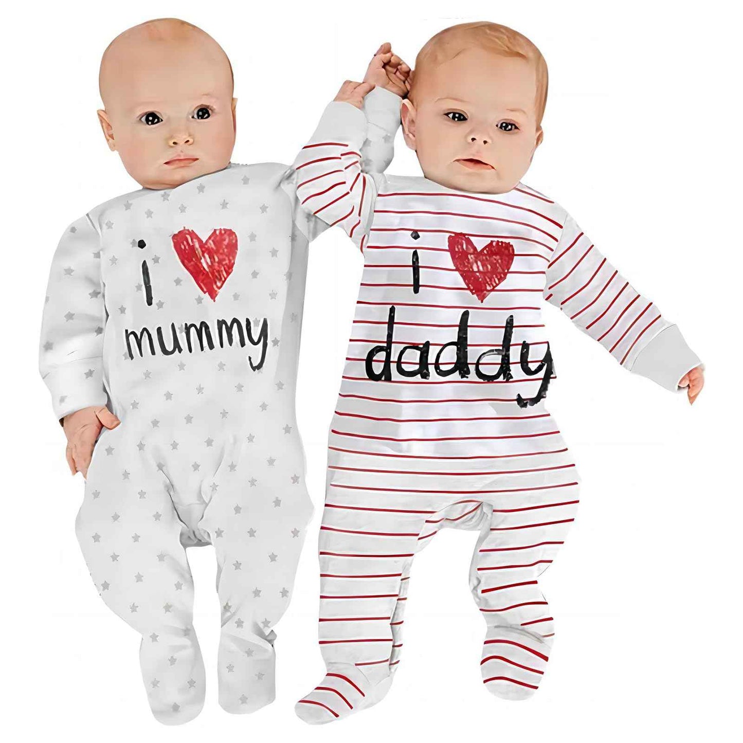aomomo Baby Strampler Set 2-teilig „I Love Mummy & Daddy“ – Langarm Baby Schlafanzug aus Baumwolle, Unisex Neugeborenen Overall für Jungen & Mädchen