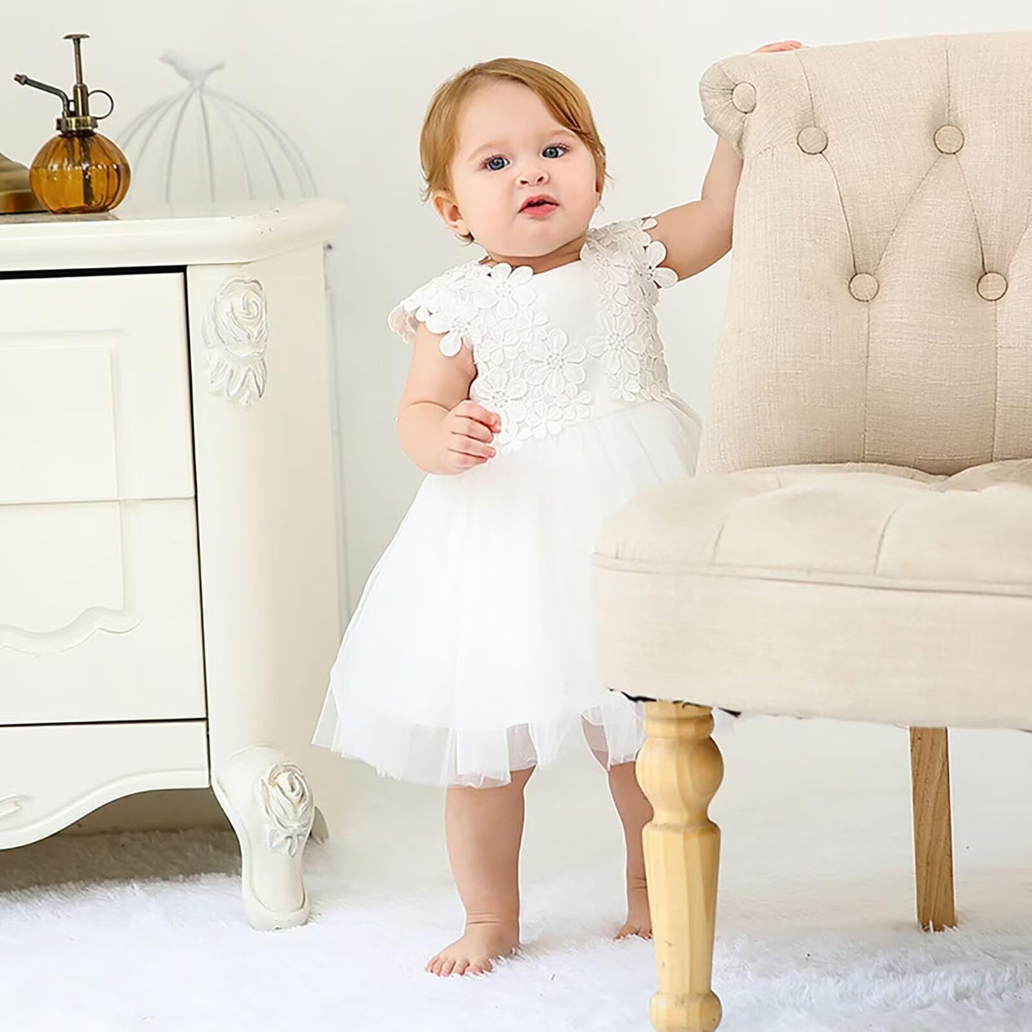 Baby Mädchen Weiße Taufe Kleid mit Kapuze Neugeborene Taufe Kleid Spitze Kleid für Hochzeit Geburtstag