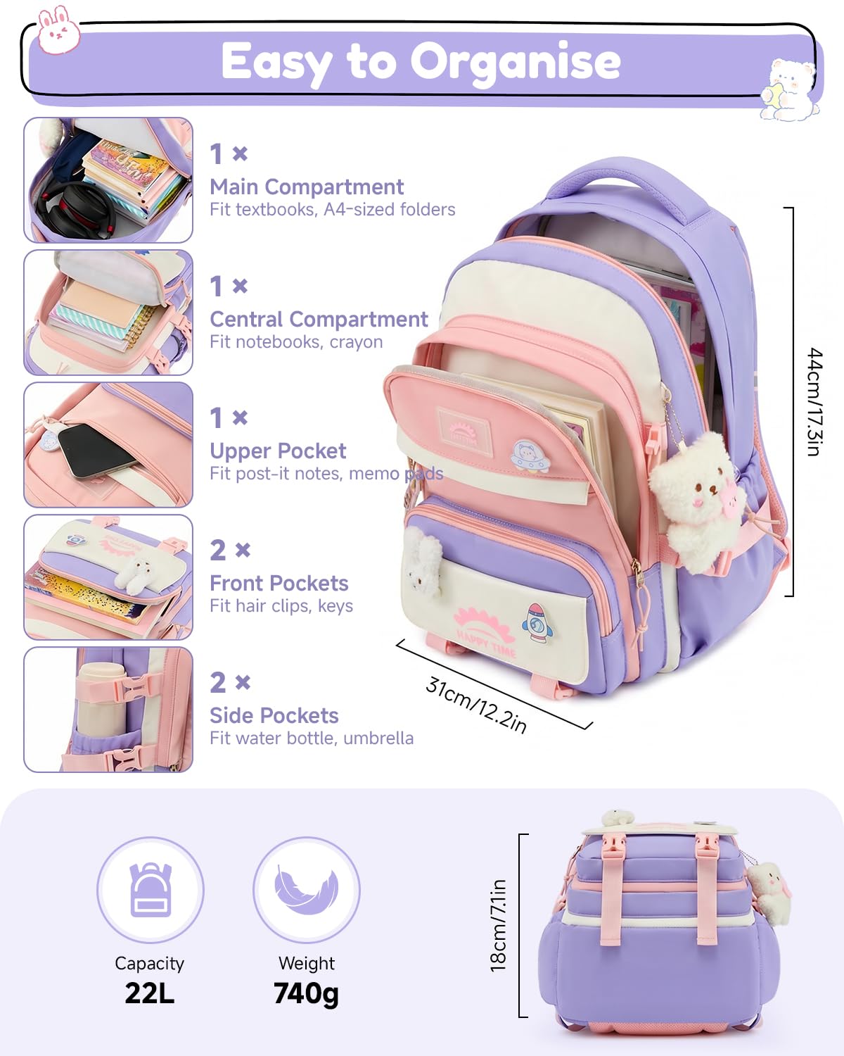 Tanou Schultasche Mädchen, Wasserabweisender Nylon Kinder Schulranzen, 20L | Leichter Schulrucksack für Mädchen der 2. bis 5. Klasse, Rucksack Schule mit Anhänger, Blau