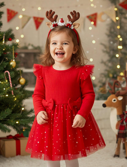 PATPAT Baby Girls' Tulle Dress with Long Sleeves, Tutu for Toddlers, Perfect as a Flower Girl or Christmas Party Birthday Long Sleeve Princess Dress, 3-24 Months