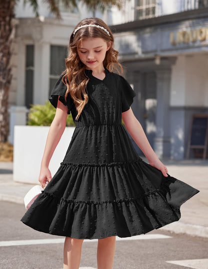 Arshiner Mädchen Kleid Festliches Rüschenärmel Sommerkleider V-Ausschnitt Partykleid Swiss Dot Stufenkleid Kinder A-Linie Swing Kinderkleid mit Tasche 3-12 Jahre