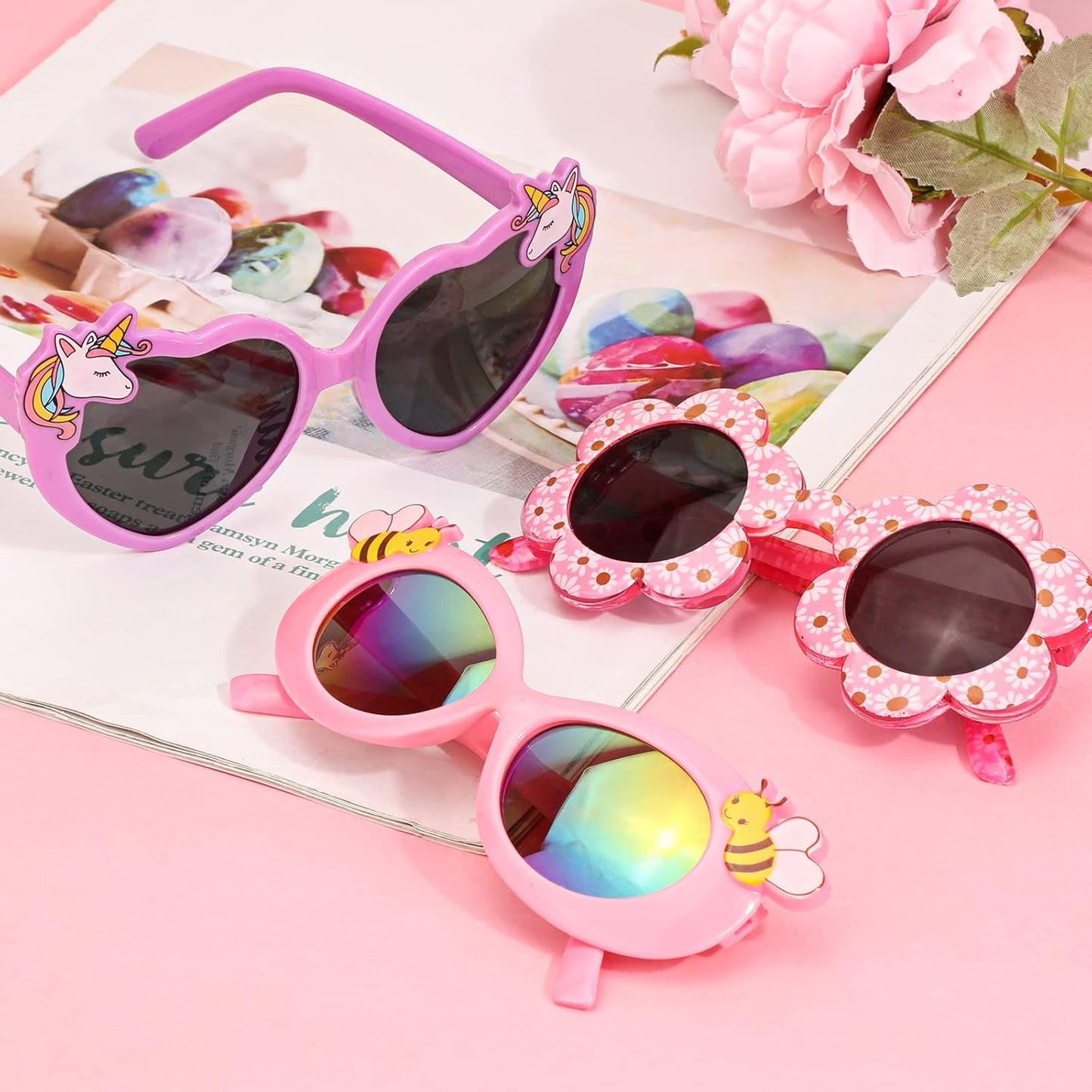 Hifot 3 Stück Kinder Sonnenbrille Einhorn Kunststoffrahmen Polarisiert Brille, Mode Rave Party Dress up Brille für Jungen Mädchen