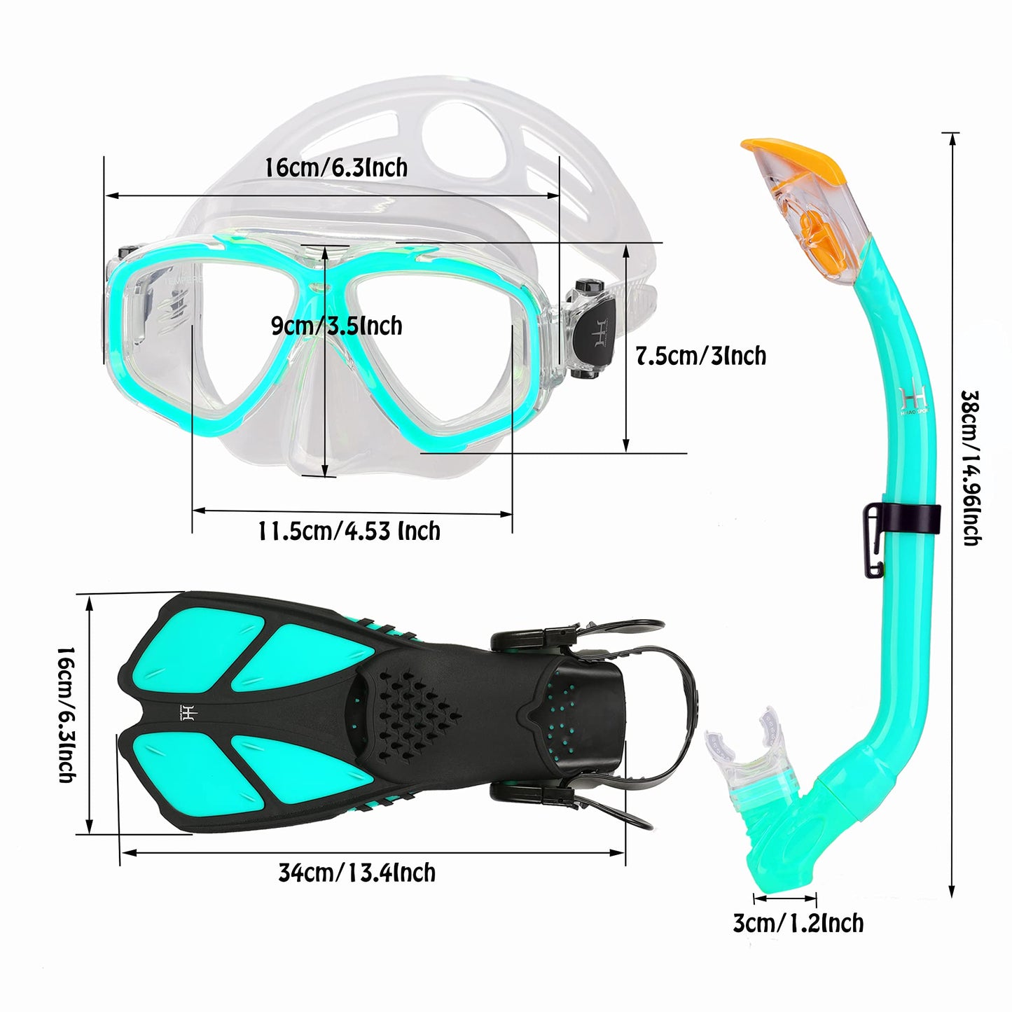 HH HHAO SPORT Children's snorkel set with fins, 180° panorama wide view diving goggles children, adjustable flippers, high-quality diving mask and dry top snorkel