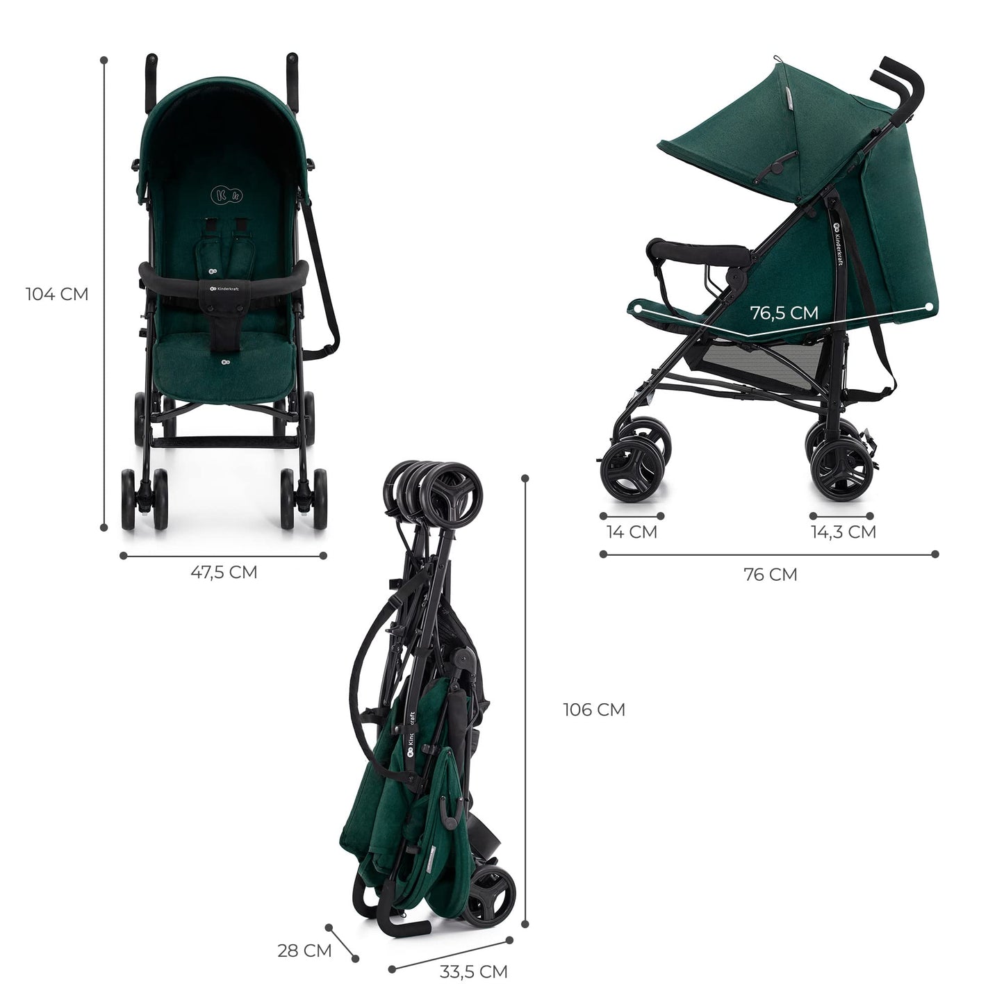 Kinderkraft TIK Kinderwagen, Liegebuggy, Sportwagen, Leicht - 6,5kg, Drehbare Vorderräder, Verstellbarer Griff, Stufenlose Einstellung der Rückenlehne, Schnelles Zusammenklappen, bis zu 17kg, Grün - Meloni2