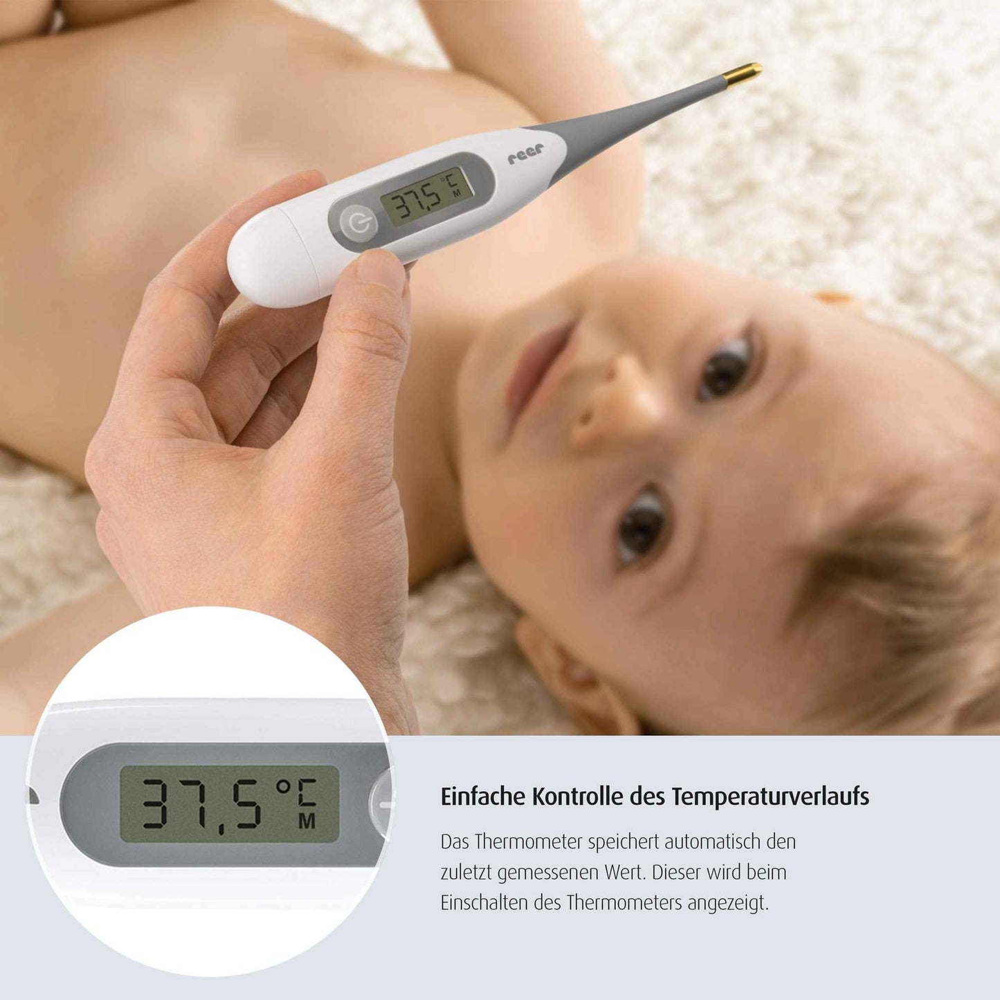 reer ExpressTemp Digitales Fieberthermometer, Messzeit 10 Sekunden, vergoldete flexible Spitze, für Baby und Kind