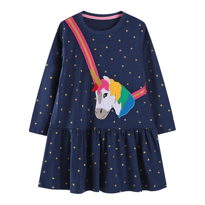 Mädchen Kleid Baumwolle Rundhals Rüschen Ärmellos Lässige Einhorn Cartoon-Applikationen Blau/Weiße Gestreift Kleidung Kinder Sommer Party Festliches Prinzessin A-Linie Kleider Gr. 98-128