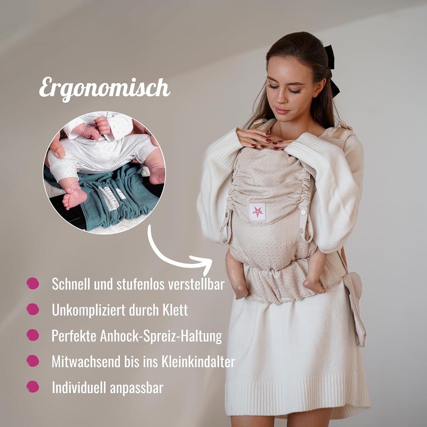 KOKADI Babytrage Flip X - für Neugeborene ab Geburt bis 15kg - ergonomisch, mitwachsend und einfach - geeignet für breite Schultern, sichere Tragehilfe aus Bio-Baumwolle - Heart2Heart Cream
