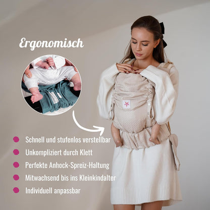 KOKADI Babytrage Flip X - für Neugeborene ab Geburt bis 15kg - ergonomisch, mitwachsend und einfach - geeignet für breite Schultern, sichere Tragehilfe aus Bio-Baumwolle - Heart2Heart Cream