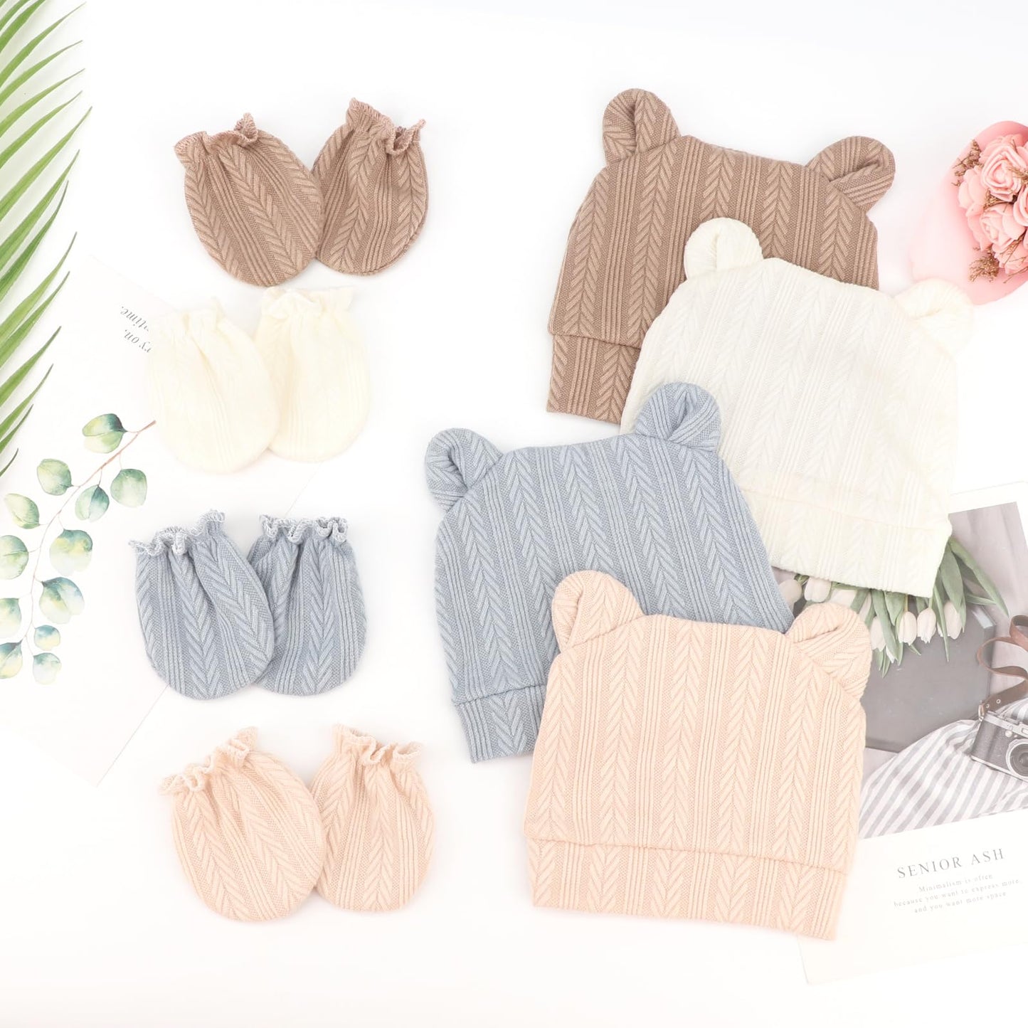 DRESHOW Newborn Baby Hat and Gloves Set Beanie Clothing Unisex Infant Hat Kindergarten Cap Baby Boys Girls 0-6 Months 