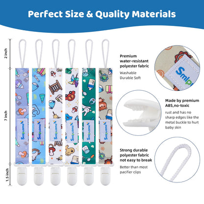Smlpuame Baby Schnullerkette Mädchen Junge,6 Stück BPA-Frei Schnullerband Stoff Mädchen Junge,Schnuller Kette Nuckelkette Passen Die Meisten Schnuller und Beißspielzeug,Dummy Clips für Baby (Tier)