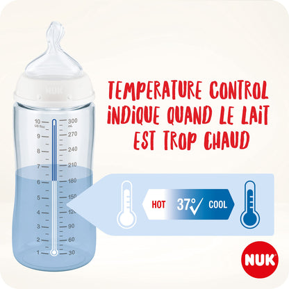 NUK First Choice+ Babyflasche | 6-18 Monate | Temperaturkontrolle | Fließkontrolle | Anti-Colic Belüftungssystem | 360 ml | BPA-frei | Silikonsauger | Krokodil (blau)