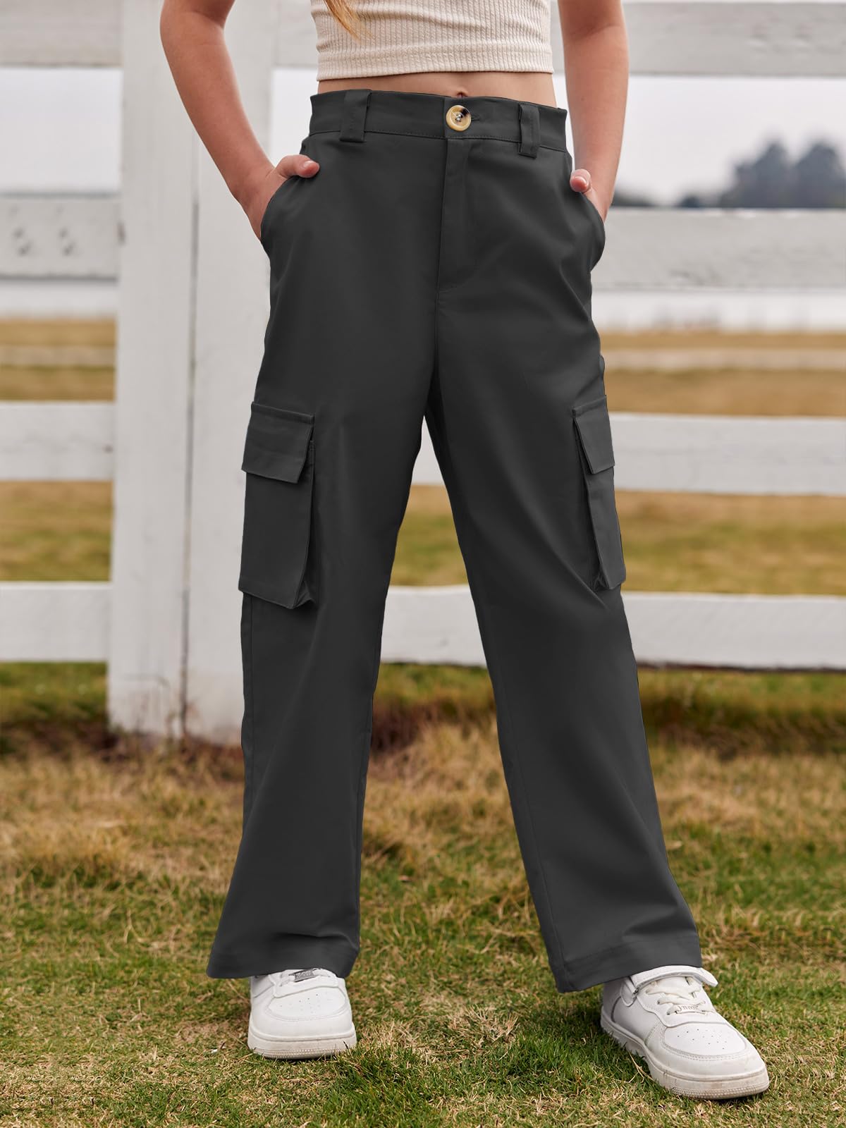 Haloumoning Mädchen Cargohose Baumwoll Y2K Baggy Cargo Hose Kinder Straight Leg Hohe Taille Jogginghose Casual Outdoorhose mit Elastische Taille und Taschen