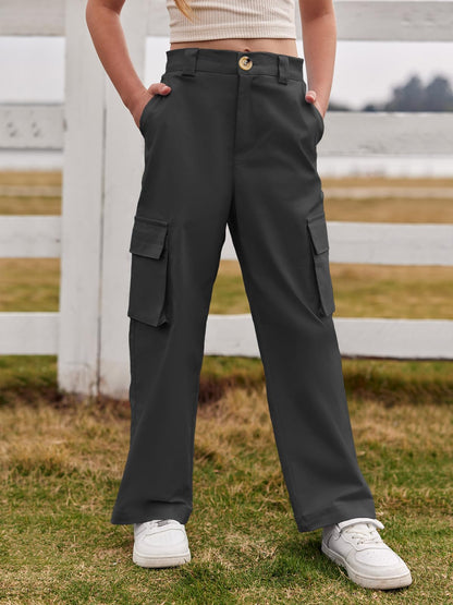 Haloumoning Mädchen Cargohose Baumwoll Y2K Baggy Cargo Hose Kinder Straight Leg Hohe Taille Jogginghose Casual Outdoorhose mit Elastische Taille und Taschen