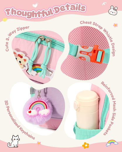 PROTAURI Kindergartenrucksack Mädchen 3-7 Jahre 11.6L Katze Hase, Rosa | mit Brustgurt reflektierend wasserabweisend leicht atmungsaktiv ergonomisch DIN A4 3D Patches 3D Tier Design