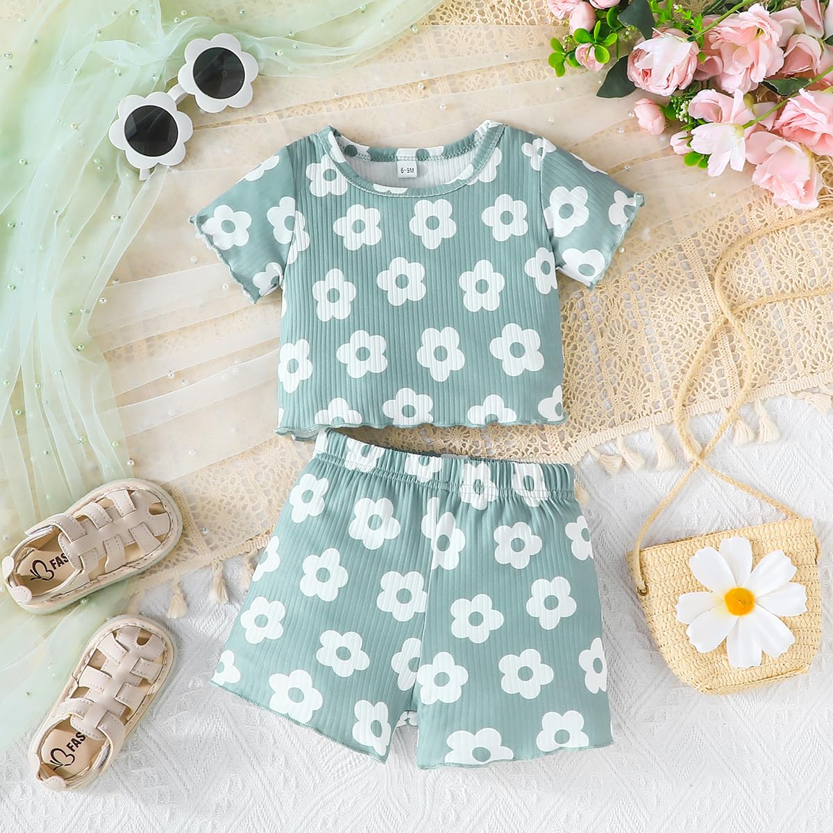 Kleinkind Baby Mädchen Kleidung Set Rüschen gerippt Kurzarm / Langarm T-Shirt Tops + Shorts Hosen 4 Stück Sommer Herbst Süße Outfits Set