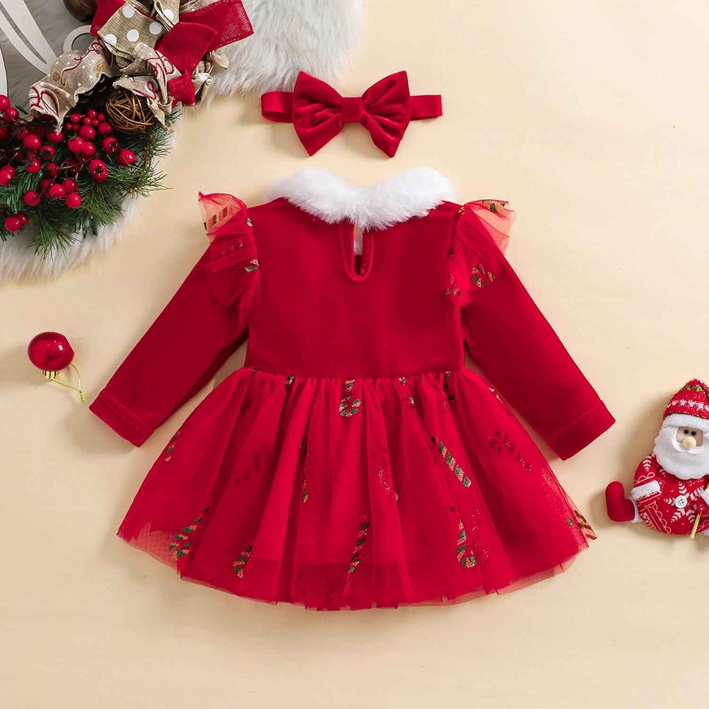 Geagodelia Girls Christmas Dress Long Sleeve Elegant Red Winter Dresses and Headband Set for Newborn Christmas