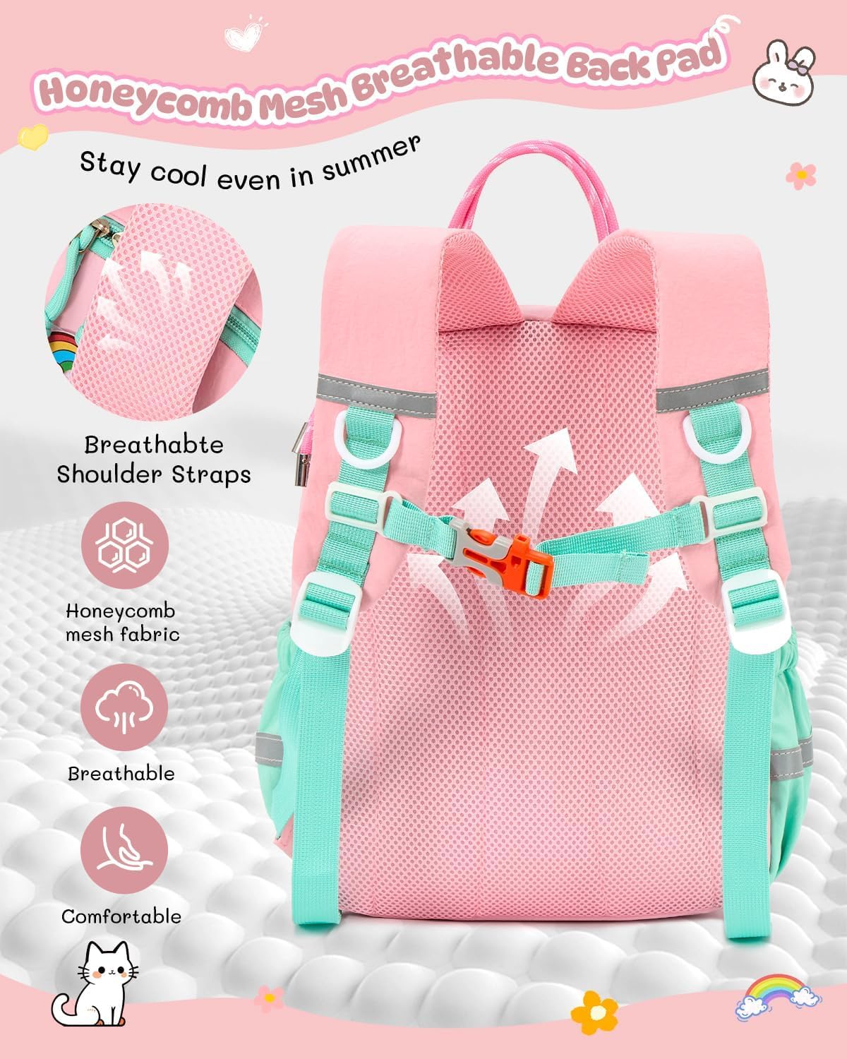 PROTAURI Kindergartenrucksack Mädchen 3-7 Jahre 11.6L Katze Hase, Rosa | mit Brustgurt reflektierend wasserabweisend leicht atmungsaktiv ergonomisch DIN A4 3D Patches 3D Tier Design