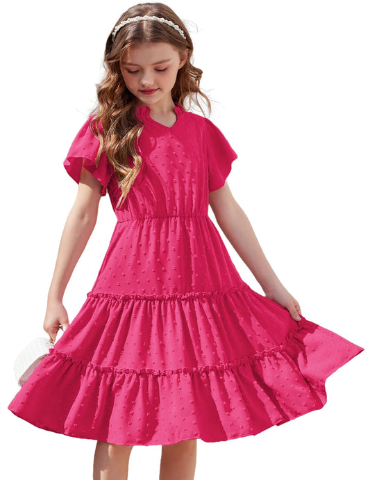 Arshiner Girls Dress Festive Ruffle Sleeve Summer Dresses V-Neck Party Dress Swiss Dot Tiered Dress Children A-Line Swing Kids Dress with Pocket 3-12 Years 