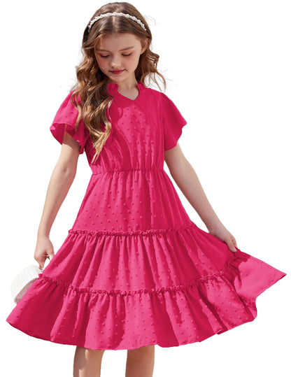 Arshiner Mädchen Kleid Festliches Rüschenärmel Sommerkleider V-Ausschnitt Partykleid Swiss Dot Stufenkleid Kinder A-Linie Swing Kinderkleid mit Tasche 3-12 Jahre