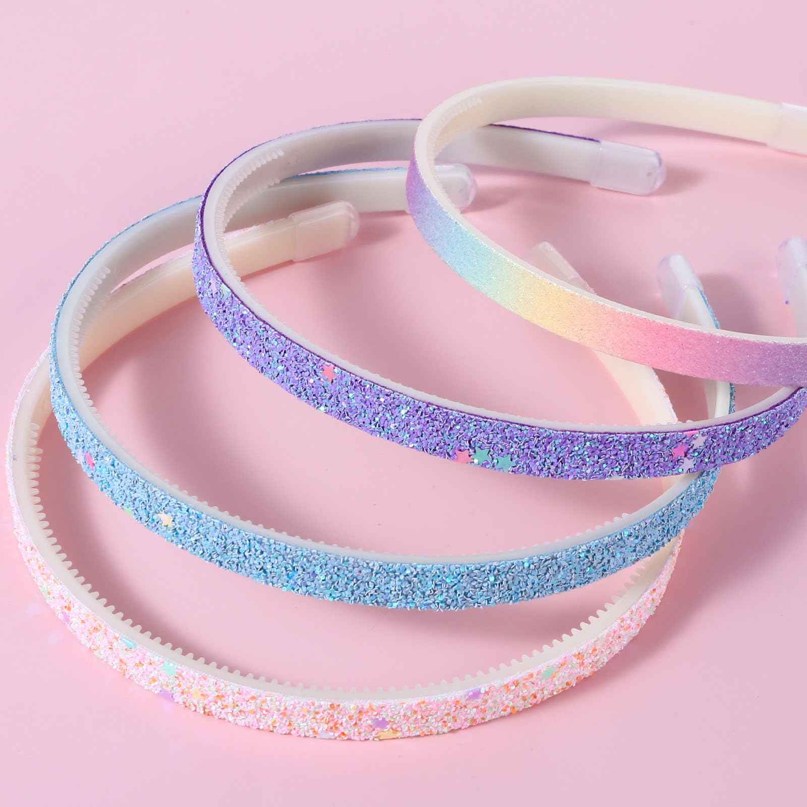 WLLHYF Pack of 4 Glitter Headbands, Colourful Hair Accessories, Plastic, Glittering, Cute, Non-Slip, Thick, Glittery, Confetti, Rainbow Hair Bands with Teeth for Little Girls (2 Gradient 2 Stars)
