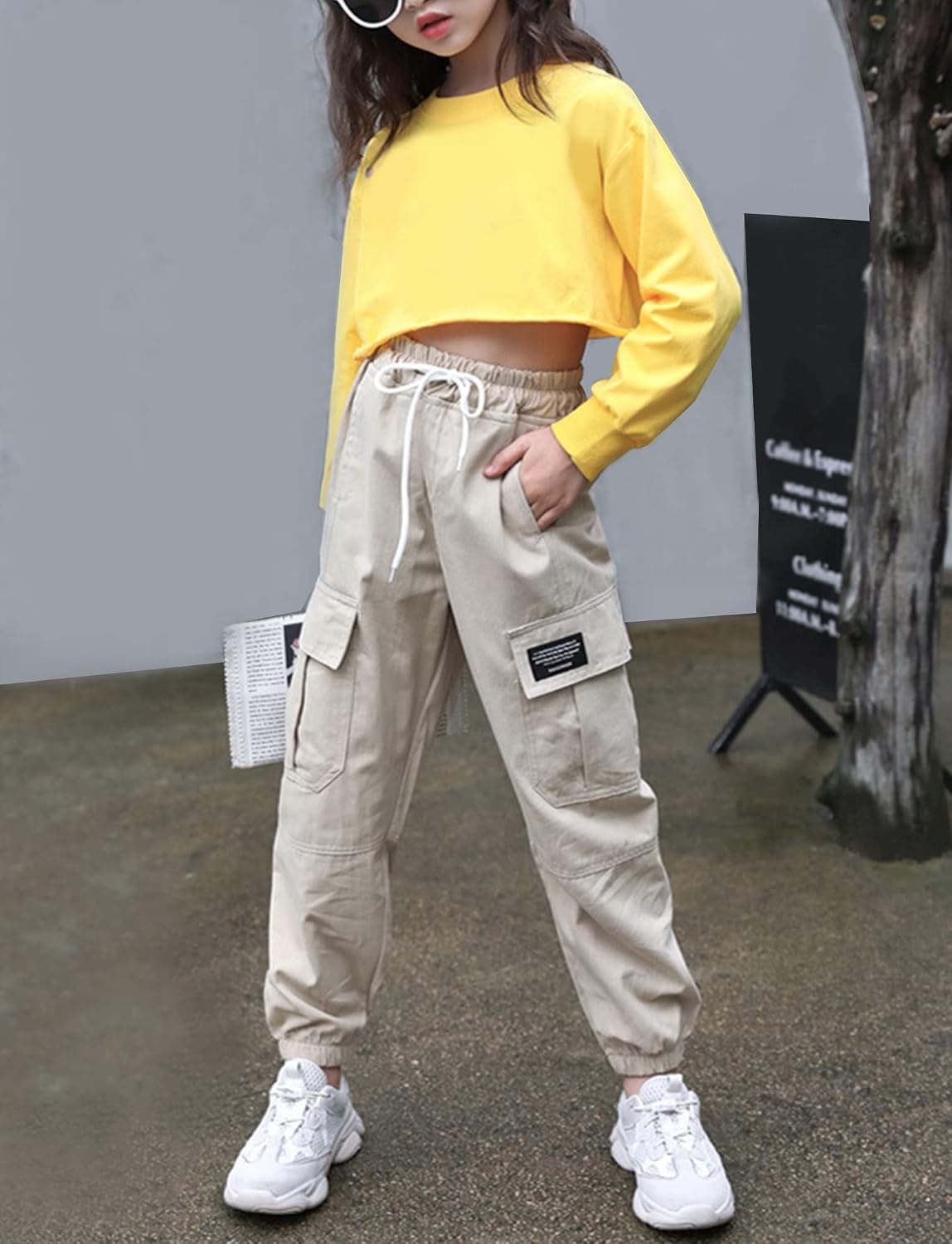 SEAUR Cargo Pants Girls Casual Pants Hip Hop Pants with Elastic Waist Sports Pants Jogging Pants with Pockets Drawstring Training Pants Sport Leisure Streetwear - 100-160cm 