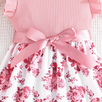Codkkre Mädchen Kleid Blumen Bowknot Kinder Kleider Rüschenärmel A-Linie Mädchen Kleid Sommer Ostern Mädchen Kleid Rundhals 104 110 116 122 128