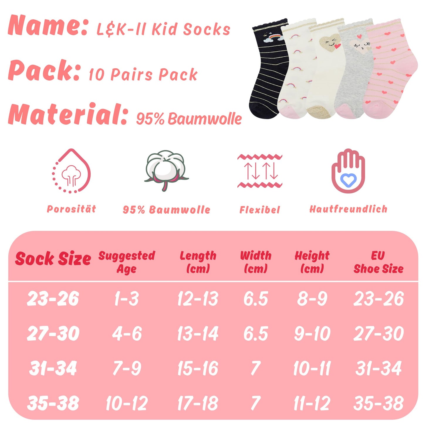 L&K-II 10/12 Paar Kinder Mädchen Socken mit niedlichen Herzmustern Kids Füßlinge Sneakersocken bunt 2825