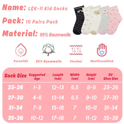 L&K-II 10/12 Paar Kinder Mädchen Socken mit niedlichen Herzmustern Kids Füßlinge Sneakersocken bunt 2825