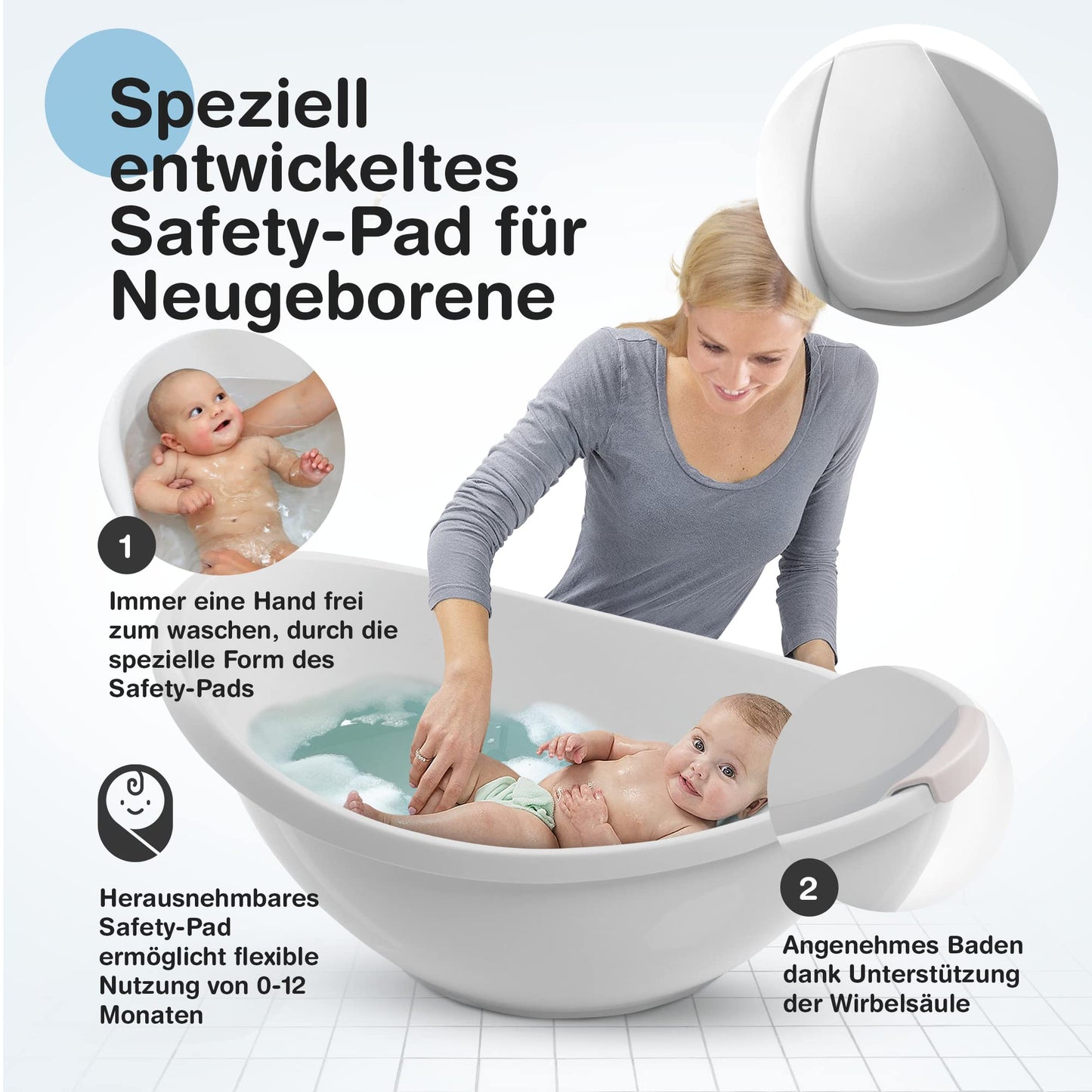 BabybeFun Baby Badewanne mit Badewanneneinsatz für Neugeborene [Testsieger] Rutschfeste Babybadewanne für Babys und Kleinkinder [0-12 Monate] Babywanne für Dusche Badewanne Weiß
