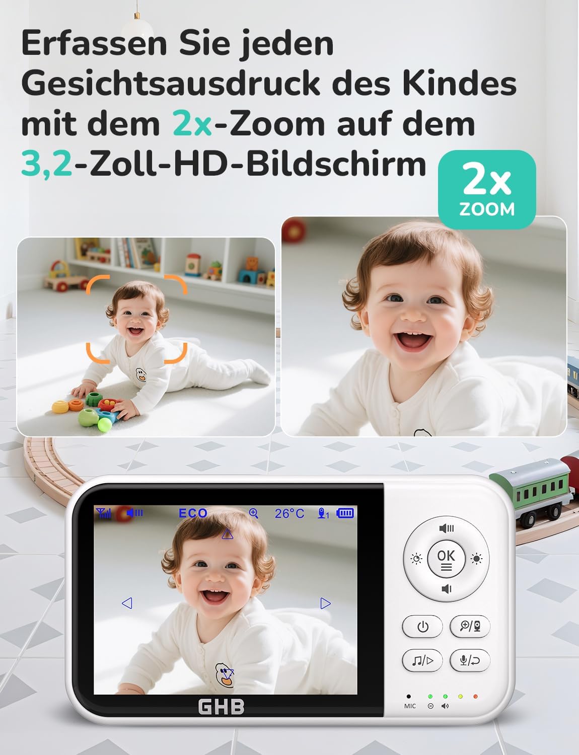 GHB Babyphone mit Kamera Baby Monitor 3,2 Zoll Weiß | 2100 mAh Akku, Max. 60 Std Akku im VOX Modus, Infrarot-Nachtsicht ohne Störlicht, Gegensprechfunktion, Temperatursensor