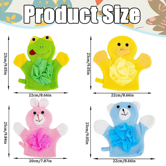 Wash Mitt with Animal Motif, Pack of 4 Wash Cloths Baby, Baby Bath Gloves, Baby Wash Cloths with Animal Motif, Baby Wash Cloth, Cartoon Baby Bath Glove, for Toddlers, Children, Bathroom, Shower 