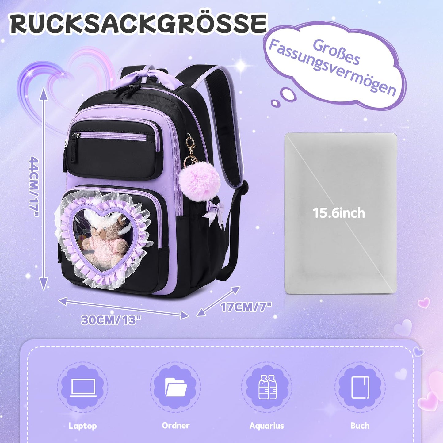 Schulrucksack Mädchen Herzdesign 22L mit Gepäckgurt für Schule | Spitze & Schleifendetails, Ergonomische 3D-Rückenpolsterung, wasserabweisendes Polyester, zahlreiche getrennte Fächer