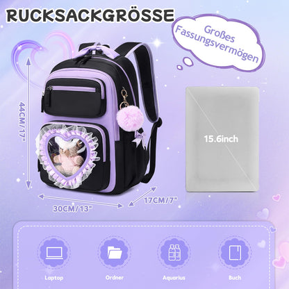 Schulrucksack Mädchen Herzdesign 22L mit Gepäckgurt für Schule | Spitze & Schleifendetails, Ergonomische 3D-Rückenpolsterung, wasserabweisendes Polyester, zahlreiche getrennte Fächer