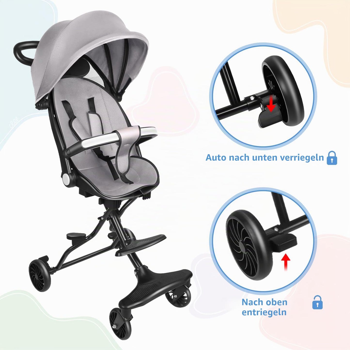 Buggy für Babys, ultraleicht, kompakt, faltbar und neigbar, von Geburt bis 25 kg, mit Trolley-System, Regenschutz inklusive, ausziehbarer Haube, C-schwarz