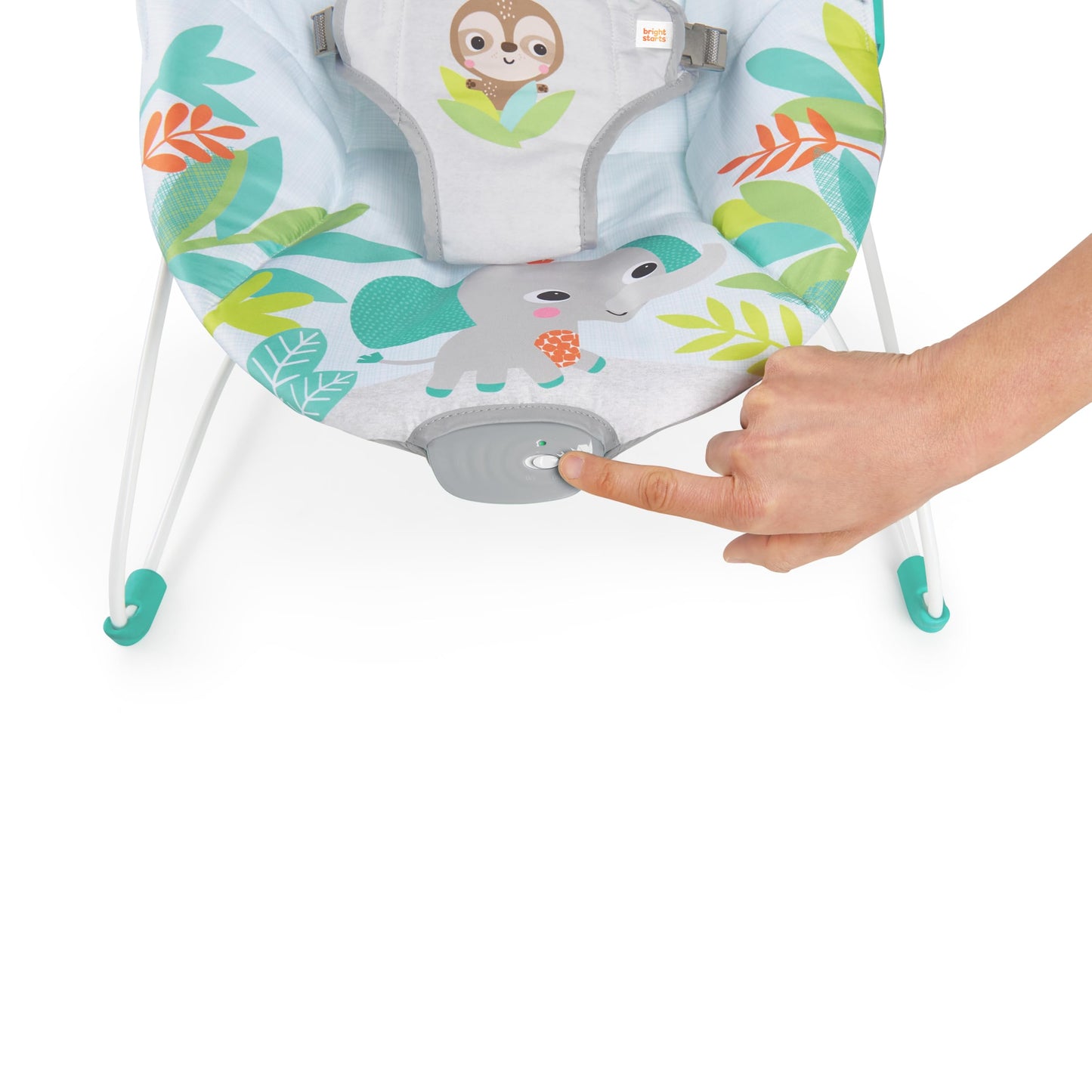 Bright Starts, Babywippe Babyschaukel Safari Fun mit Beruhigenden Vibrationen, Spielbogen mit 2 Spielzeugen, 3-Punkte-Gurt Sitz, Maschinenwaschbares Sitzpolster, ab der Geburt bis 9kg