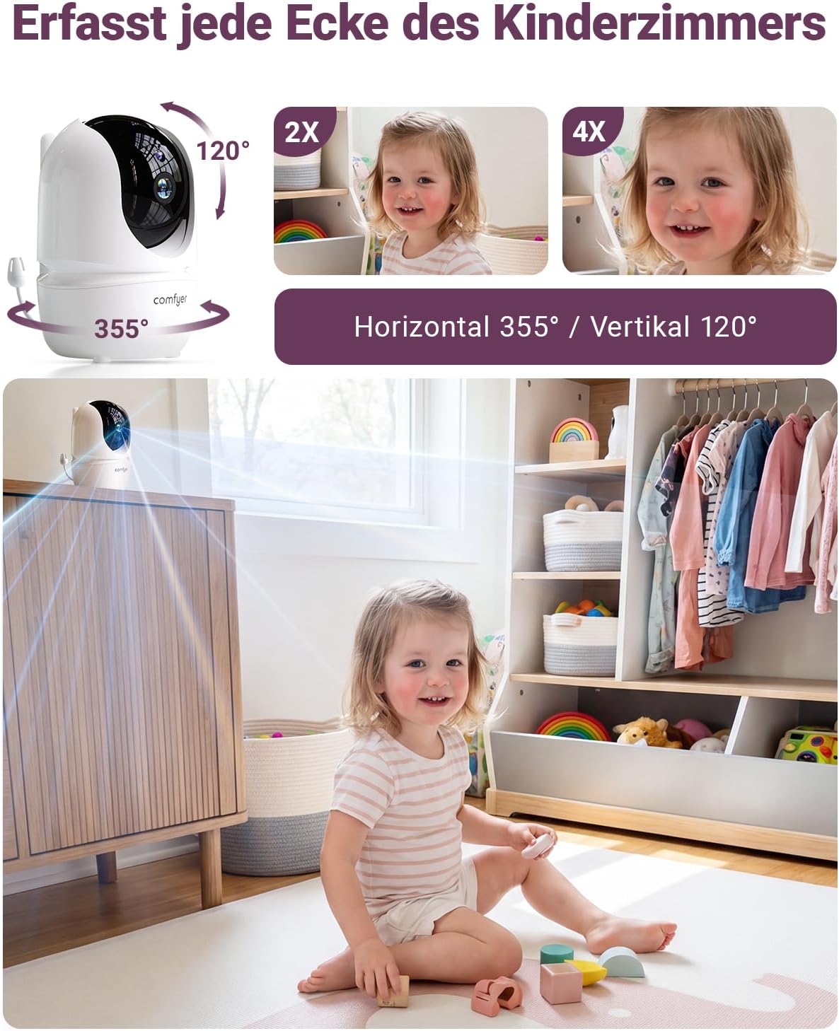 Comfyer BM01 Split-Screen Babyphone mit 2 Kameras, 7" HD 720P ohne WLAN mit Halterung, IR-Nachtsicht VOX-Modus mit Sound-Alarm 2-Wege-Audio 6000mAh 300M Reichweite Videoüberwachungsgerät