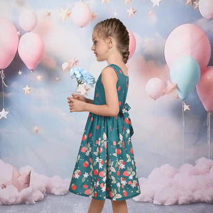 Sunny fashion girls' sleeveless polka dot dress rose garden green print size