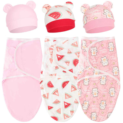 DRESHOW Neugeborene Swaddle Decke Hut Set Baby Gedruckt Swaddles Säugling Einstellbar Schlafsack für 0-3 Monate Mädchen Jungen