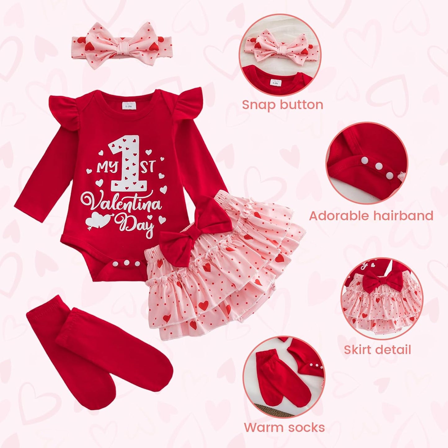 Baby Mädchen Outfit Rüschen Langarm My 1. Valentinstag Osterhase Strampler + Tutu Rock + Strümpfe mit Stirnband Babykleidung Set Neugeborene Fotoshooting Kleid für 0-18 Monate