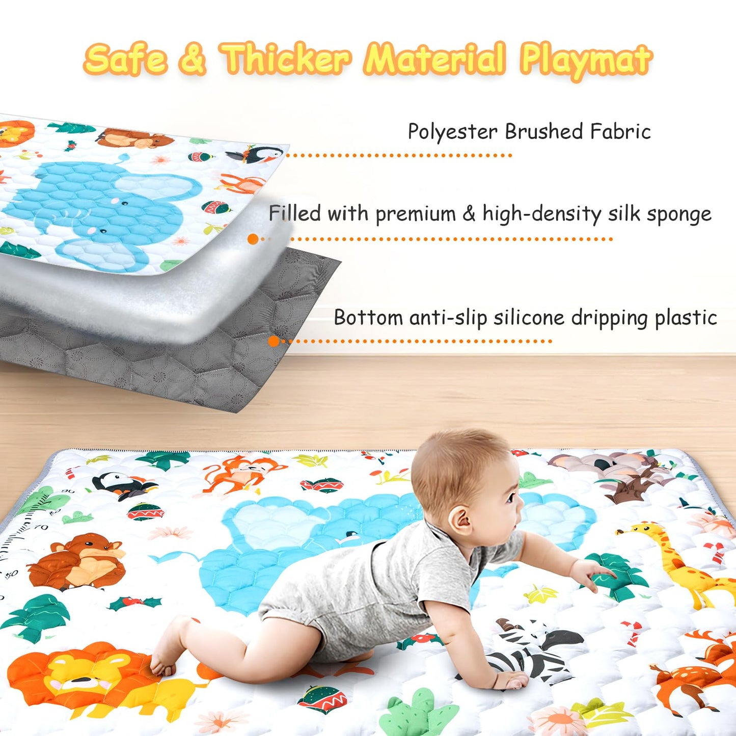 Funsland crawling carpet for babies, non-slip baby play mat, non-toxic 127x127cm, cotton animal crawling mat for babies, foldable with a height ruler, children's play mat for indoors/outdoors/fences 