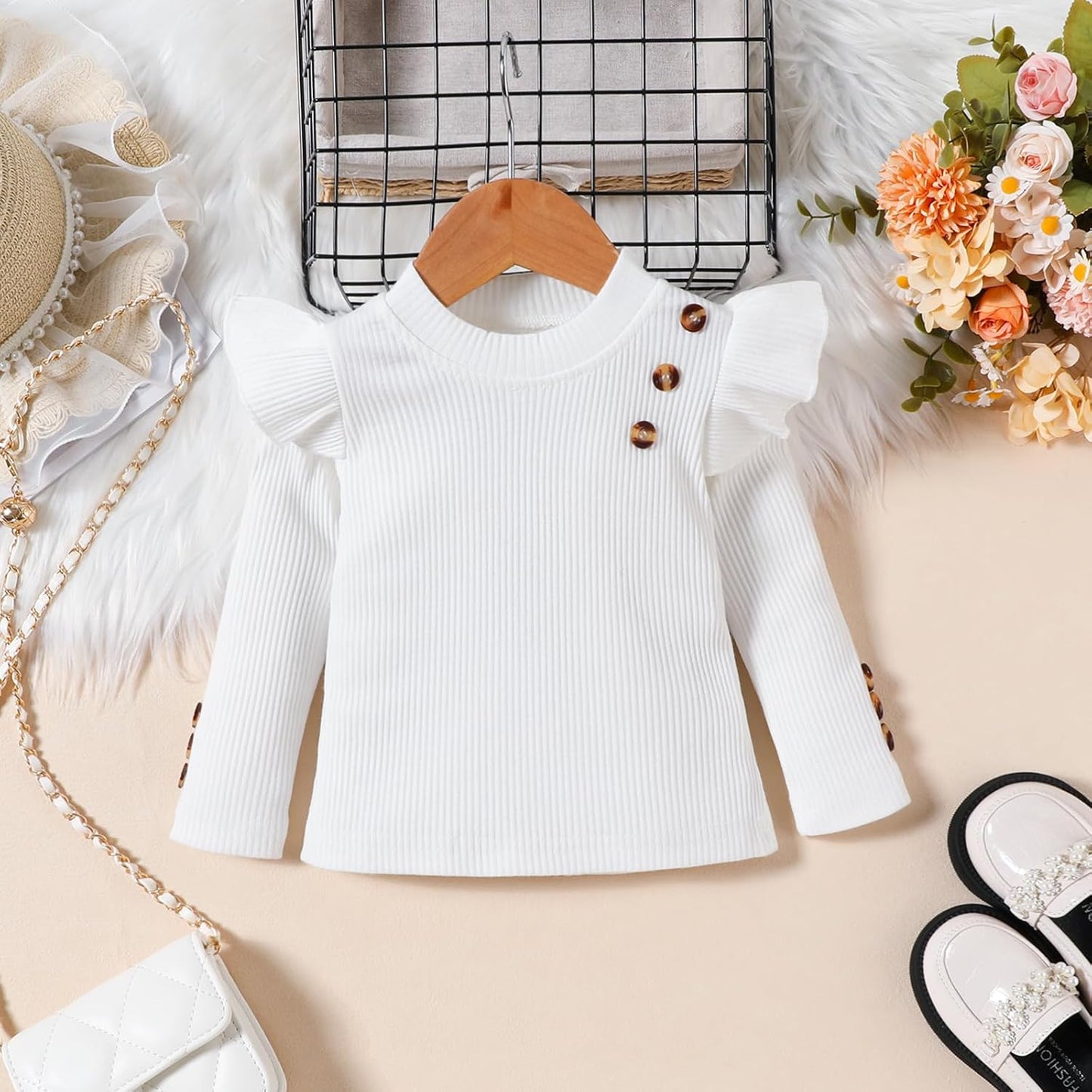 UUAISSO Kleinkind Baby Mädchen Kleidung Langarm Gerippte Oberteile Plaid Tweed Muster Rock Baskenmütze Herbst Knopf Outfits Sets