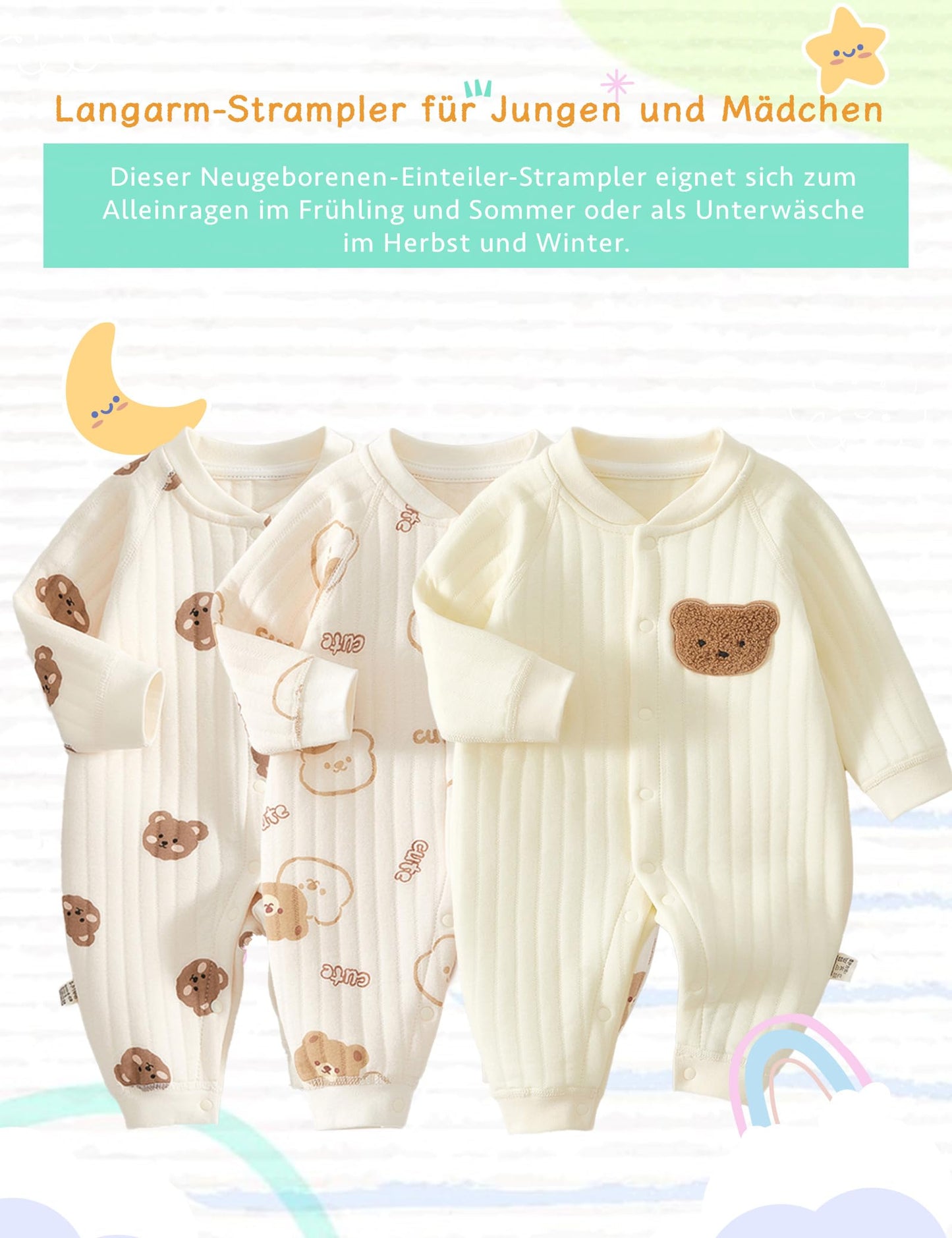 Neugeborener Unisex Strampler, Langarm-Overall, 100 % Baumwolle, weich und bequem, für Babys, Oberbekleidung und Nachtwäsche, geeignet für alle Jahreszeiten